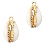 Perles coquillage specials pendentif Cauri Cr&egrave;me beige-dor&eacute;