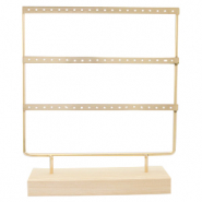 Pr&eacute;sentoir bijoux trois lignes pour boucles d'oreilles avec pied en bois Naturel-dor&eacute;