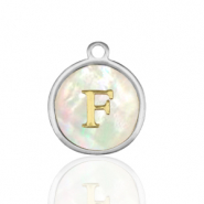 Breloques en acier Inox nacre rond 12mm lettre F Blanc (couleur naturelle)-argent&eacute;