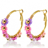 Boucles d'oreilles en acier Inox créoles fleur 35mm Doré-rose violet