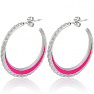 Boucles d'oreilles en acier Inox cr&eacute;oles 30mm Argent&eacute;-magenta