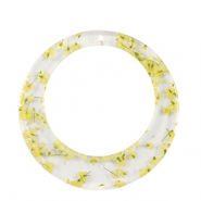Pendentifs en r&eacute;sine avec fleurs s&eacute;ch&eacute;es 39mm Jaune