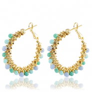 Boucles d'oreilles en acier Inox perles &agrave; facettes Bleu-dor&eacute;