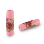 Perles en verre tube fleur Rose-rouge rose