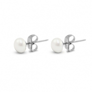 Boucles d'oreilles / puces en acier Inox perles 6mm Argenté-blanc perle