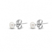 Boucles d'oreilles / puces en acier Inox perles 5mm Argenté-blanc perle