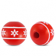 Perles en bois rond 16mm flocon de neige Rouge-blanc