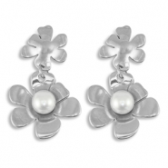 Boucles d'oreilles / puces en acier Inox fleur avec imitations perles Argent&eacute;