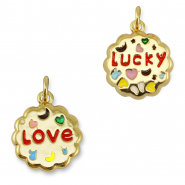 Métal TQ laiton breloques rond "love/lucky" Doré-multicolore