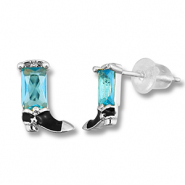 M&eacute;tal TQ laiton boucles d'oreilles / puces d&rsquo;oreilles botte de cow-boy Argent&eacute;-bleu clair