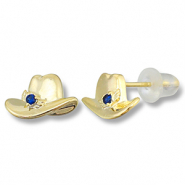 M&eacute;tal TQ laiton boucles d'oreilles / puces d&rsquo;oreilles chapeau de cow-boy Dor&eacute;-bleu fonc&eacute;
