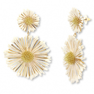 Boucles d'oreilles en raphia accroche-regard fleur Blanc cass&eacute;-dor&eacute;