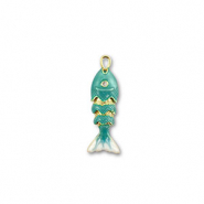 Breloques en laiton Eco-brass&reg; poisson Dor&eacute;-turquoise-blanc