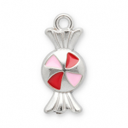 Breloques en acier Inox bonbon Argent&eacute;-rouge-rose
