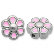 Perles en acier Inox fleur Argent&eacute;-rose clair-blanc