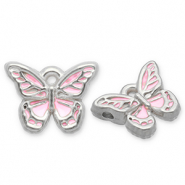 Breloques en acier Inox papillon Argent&eacute;-rose clair-blanc
