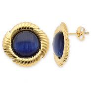 Boucles d'oreilles / puces en acier Inox rond torsad&eacute; Dor&eacute;-bleu fonc&eacute;