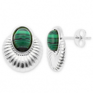 Boucles d'oreilles / puces en acier Inox ovale Argent&eacute;-vert fonce-noir