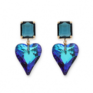 Boucles d&rsquo;oreilles / puces d&rsquo;oreilles en verre de cristal rectangle-coeur Bleu p&eacute;trole-bleu multicolore AB coating