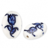 Perles en c&eacute;ramique ovale avec tulipe Blanc cass&eacute;-bleu de Delft