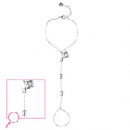 Bracelets en acier Inox fleur Argent&eacute;-cristal-blanc