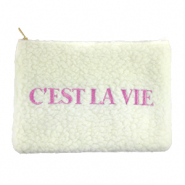 Trousse en peluche "C'EST LA VIE" Blanc cass&eacute;-violet