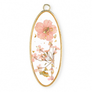 Pendentifs avec fleurs s&eacute;ch&eacute;es oblong ovale Dor&eacute;-rose clair