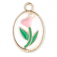Breloques en m&eacute;tal ovale avec tulipe vec perle Dor&eacute;-blanc-vert-rose clair