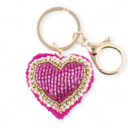 Porte-cl&eacute;s c&oelig;ur Dor&eacute;-fuchsia-blanc
