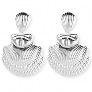 Boucles d'oreilles / puces accroche-regard coquillage strié avec tige en acier inoxydable Argenté