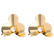 Boucles d'oreilles / puces accroche-regard fleur avec imitations perle avec tige en acier inoxydable Doré-blanc