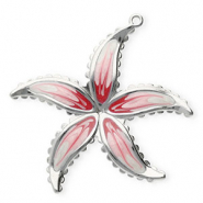 Breloques en acier Inox fleur Argent&eacute;-blanc nacr&eacute;-rose-rose cerise