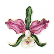 Broches fleur avec strass Doré-rose orchidée-vert-blanc
