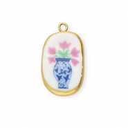 Breloques en céramique ovale avec fleur Doré-blanc-bleu-rose-vert