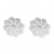 Apprêts en acier Inox boucles d'oreilles / puces d’oreilles fleur avec imitation perle avec anneau Argenté-blanc