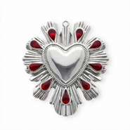 Breloques en acier Inox émail coeur Argenté-rouge