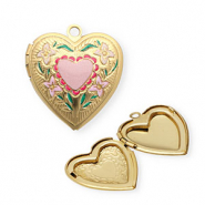 Breloques en acier Inox médaillon coeur avec fleurs Doré-rose-vert