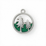 Breloques en acier Inox émail rond avec arbres Argenté-vert