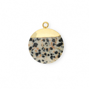 Breloque en pierre naturelle Jaspe Dalmatien rond Greige-noir-doré