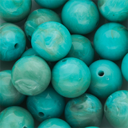 Perles acryliques 14 mm rond Bleu turquoise-blanc marbr&eacute;