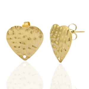 Boucles d'oreilles en acier Inox/puces d&rsquo;oreilles martel&eacute;es coeur avec anneau Dor&eacute;