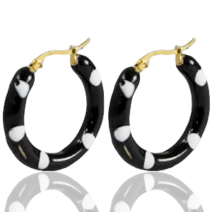Boucles d'oreilles en acier Inox cr&eacute;oles &eacute;maill&eacute;e 30mm Noir blanc-dor&eacute;