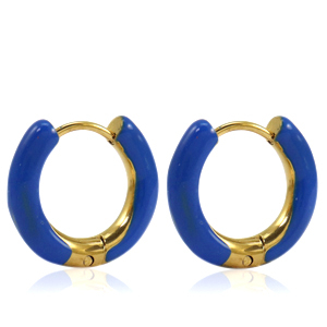 Boucles d'oreilles en acier Inox cr&eacute;oles &eacute;maill&eacute;e 16mm Bleu cobalt-dor&eacute;