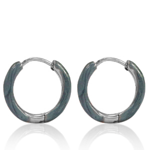 Boucles d'oreilles en acier Inox cr&eacute;oles &eacute;maill&eacute;e 14mm Bleu gris-argent&eacute;