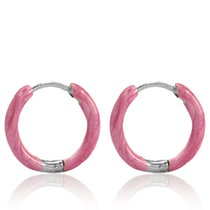 Boucles d'oreilles en acier Inox cr&eacute;oles &eacute;maill&eacute;e 14mm Rose punch-argent&eacute;