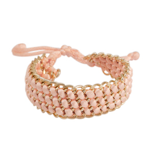Bracelets en cordon de satin tress&eacute; avec jasseron Dor&eacute;-rose saumon
