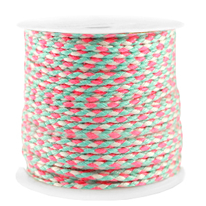 Cordon tress&eacute; tendance 2mm Rose n&eacute;on-turquoise