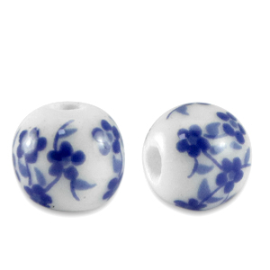 Perles en c&eacute;ramique 8mm Blanc-bleu de Delft