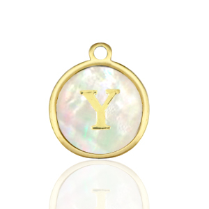 Breloques en acier Inox nacre rond 12mm lettre Y Blanc (couleur naturelle)-dor&eacute;