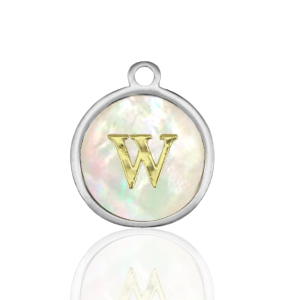 Breloques en acier Inox nacre rond 12mm lettre W Blanc (couleur naturelle)-argent&eacute;
